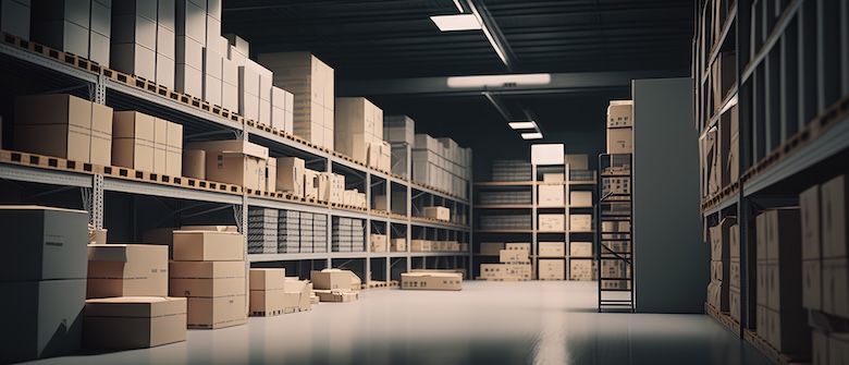 Inside a large warehouse for goods distribution and logistics
